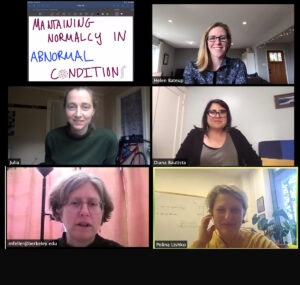 Screenshot from Neuroscience PhD student Julia Bleier’s qualifying exam, held remotely in March 2020 due to the pandemic. Pictured with Julia are her committee members: HWNI members Helen Bateup, Diana Bautista, and Marla Feller, and HWNI collaborator Polina Lishko.
