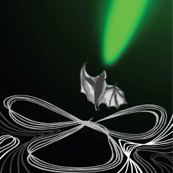 A bat flies towards a glowing green oval in a dark room. Its flightpaths are depicted as a series of largely parallel loops.