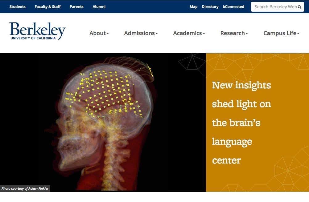 Screenshot of the UC Berkeley homepage with an X-ray-like image of the side of a person’s head and neck, with a grid of dozens of yellow dots covering most of the side of the head. Text to the right of the image says “New insights shed light on the brain’s language center”.