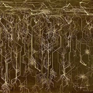 An art piece that depicts neurons as if they were elements of a circuit board. The background is dark brown and the neurons are gold. The neurons have some sharp angles, as if they were at least partially electronic.