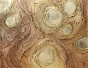 Art piece in gold and brownish tones, depicting cross sections of roughly concentric circles of myelin around gold axons. Cells that produce myelin are shown in dark gray.