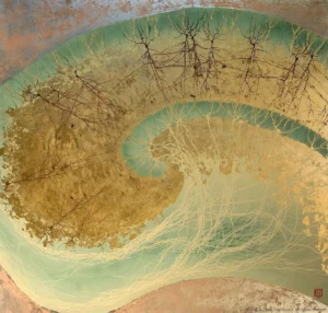 An artistic rendering of a section through the hippocampus of the brain, in shades of gold, green, and brown. Several highly branching individual neurons are shown, with long fibers extending in roughly a c-shape through the section.